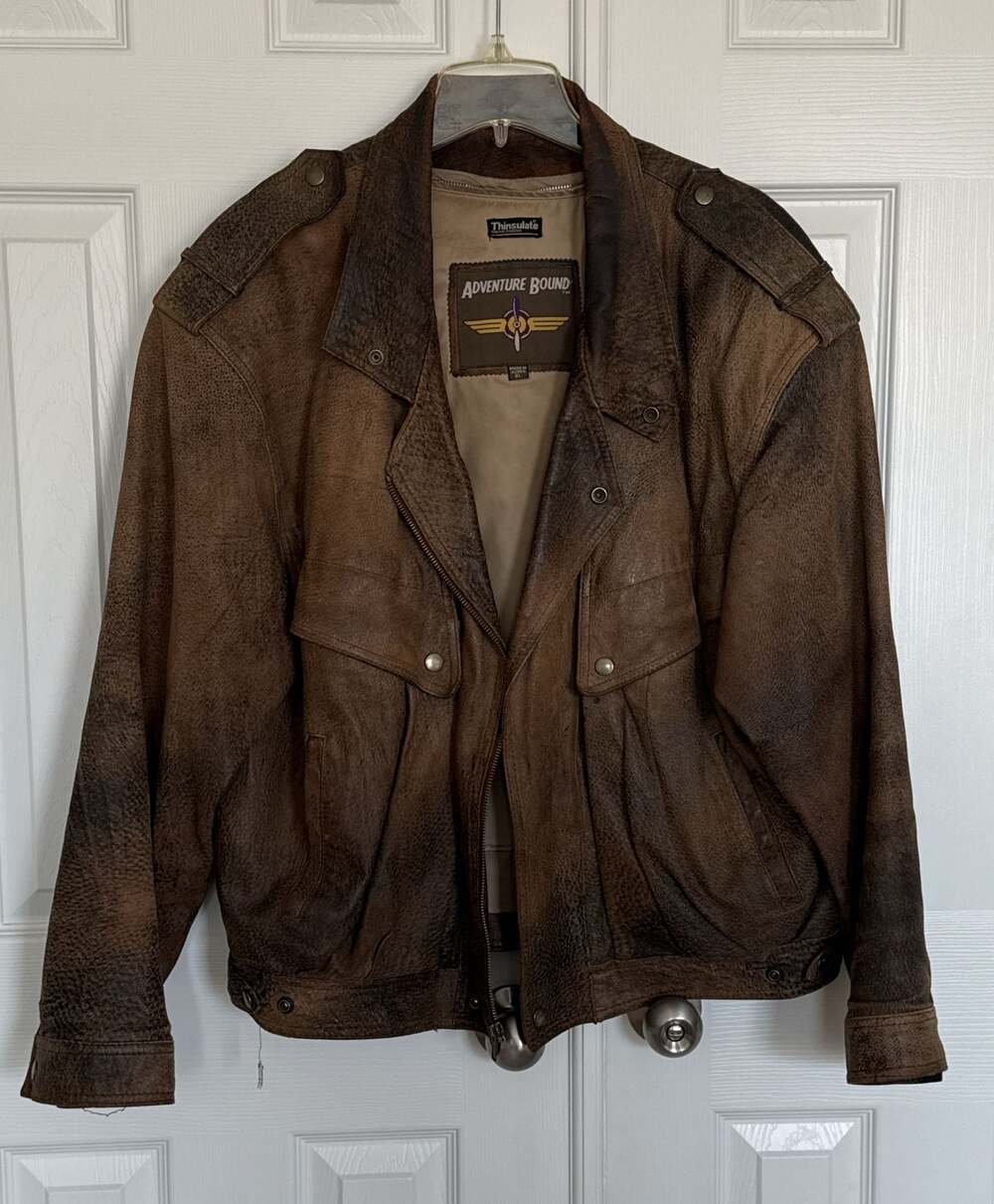 Adventure Bound Brown Leather Bomber Jacket Coat Men's XL Vintage Aviator Style